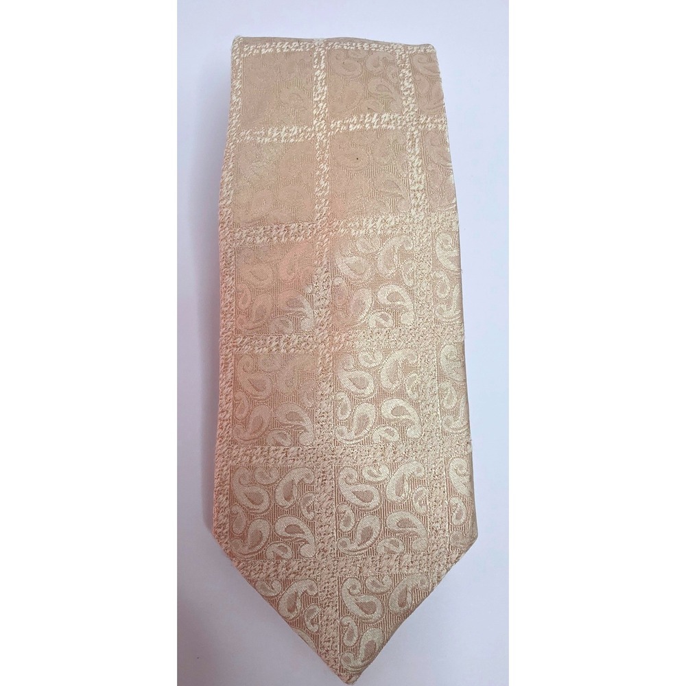 Fabio Ferretti Mens Silk Tie Champagne Gold Paisley Check Handmade Italy 4 Inch
